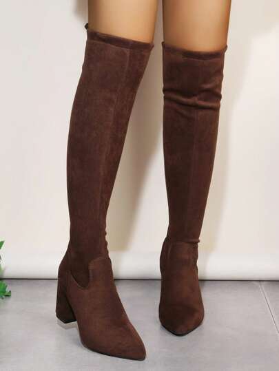 بوت نسائية عالية الكعب طويلة، بوت فوق الركبة بكعب سميك، له تأثير نحيف، مناسبة للخريف والشتاء