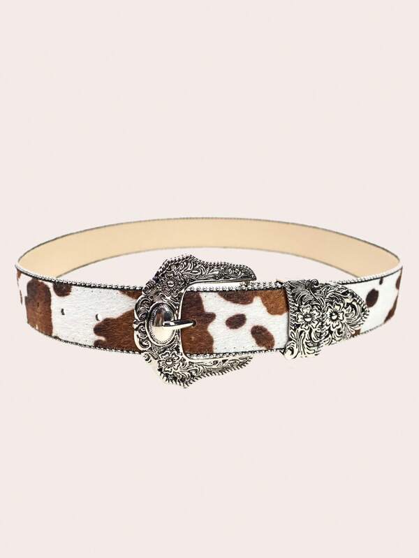 1pc Boho Faux Fur Yellow Cow Print Metal Buckle Waist Belt, Y2K Style Belt For Youth, Suitable For Jeans, Dresses, Formal Wear, Daily Wear, Parties, Music Festivals, Street Cowgirl