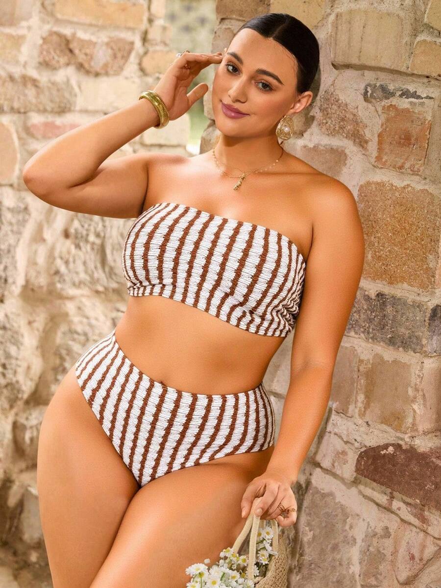 Swim Chiccia Conjunto de Maiô Bikini Listrado Minimalista de Verão para Mulheres Plus Size - Multicolorido - Visão 1