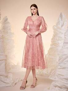 Mgiacy,New Arrival,V-Neck, Printed Mesh, Drawstring, Lantern Sleeves, Large Hem, High-End, Evening Dress,For,Dinner Parties - Pink - View 3