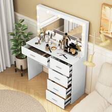 Makeup Vanity With Lights,Vanity Desk With Mirror And Stool,White Dresser Table With Drawers And Open Shelves,3 Color Modes,10 LED Light,Sliding Mirror,Adjustable Brightness,Modern Wood Vanity Desk Set For Bedroom,Bathroom,Halloween Gift For Women - 白色 - 查看 7