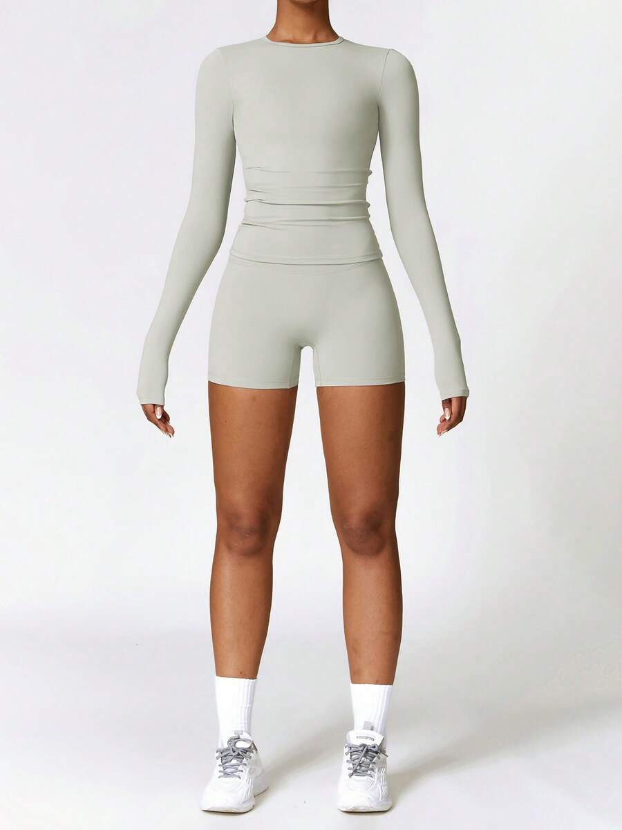 Women's Solid Color Long-Sleeve & Short-Pant Sports Casual Set - Slim Fit, Breathable & Skin-Friendly, Shape-Sculpting Fabric, Ideal For Fitness & Daily Wear - 灰色 - 查看 1