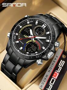 SANDA. SANDA 6269 Dual Display Electronic Watch Men's Dual Movement 5ATM Waterproof Night Light Three Ground Time Student Sports Watch - Black - View 1