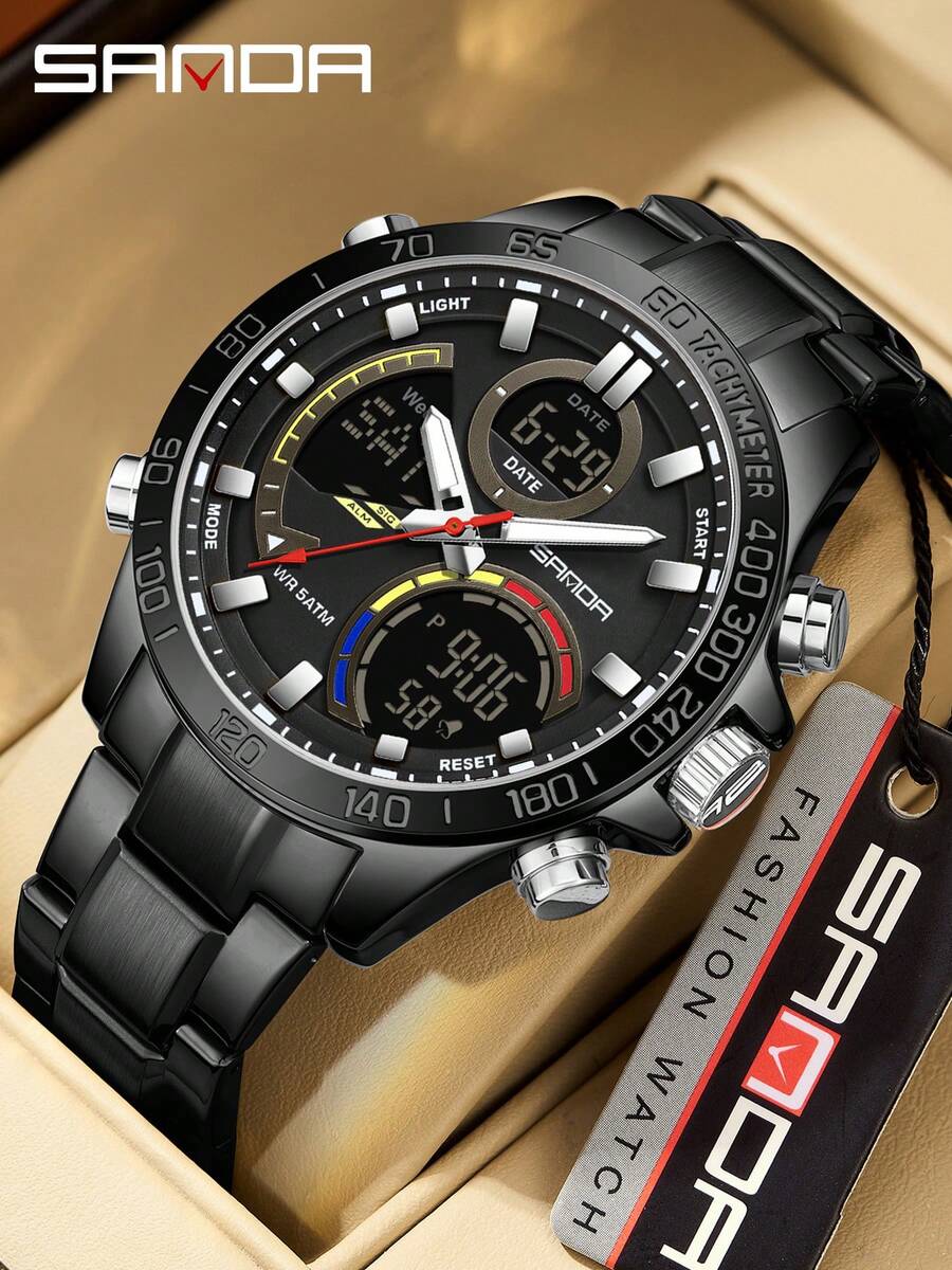 SANDA. SANDA 6269 Dual Display Electronic Watch Men's Dual Movement 5ATM Waterproof Night Light Three Ground Time Student Sports Watch - Black - View 1