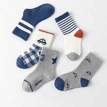 5双装儿童卡通卡车图案中筒袜，适合1-2岁、2-3岁、3-8岁、8-12岁儿童，春秋季款 - 彩色 - 查看 12