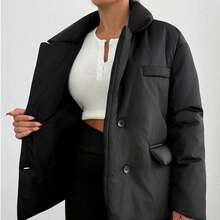 Veste matelassée mi-longue à col cheminée, manches longues, couleur unie, pour femmes, avec fermeture éclair et poches, convient pour le port quotidien en hiver - Noir - Voir 5