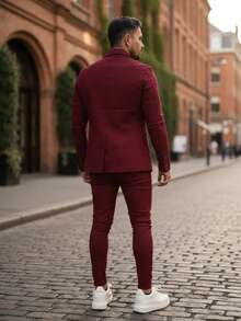 Men's Set Blazer Pants Slim Suit Formal Fashion - Maroon - View 4
