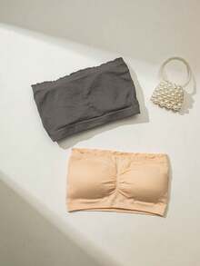 3 件套女士吊带背心文胸（杏色、黑色、灰色），无肩带露背文胸，褶皱设计，柔软舒适的可拆卸垫 - 彩色 - 查看 6