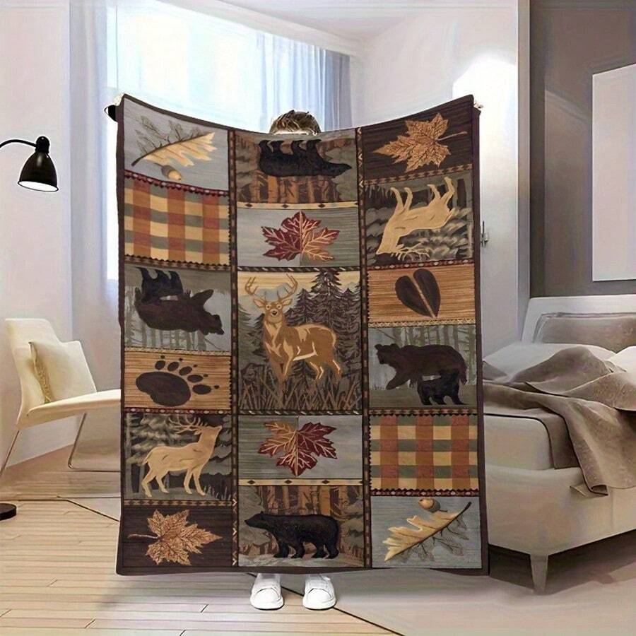 Deep Forest Theme, Bigfoot And Forest, Elk, Bear Patterns,Super Soft Flannel Printed  Blanket,As Birthday Gifts, Family, Wedding, Souvenir Blankets, Polyester Blankets Suitable For All Seasons, Washable, Machine Washable, Lightweight, Breathable, Comfortable, Warm, Unique, 280gsm For Him, Her Personalized Ideal Gifts For Her, Him, Family, Boyfriend, Girlfriend, Father, Family, Mother, Lover, Daughter, Son, Grandfather, Grandmother, Friend, Classmate, Pet.    Perfect Nap, Camping, Travel, Home, Daily Life, Office Decoration, Birthday, Anniversary, Valentine's Day, Thanksgiving, Christmas, Halloween, Mother's Day, Father's Day, Wedding, New Year Gifts ,Sofa,Bed,Car,Bedroom,Living Room,Office,  Outdoor Camping, Beach,Wall Decoration - 多色17 - 查看 1