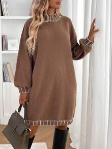 大码女式宽松休闲圆领针织毛衣裙 - 棕色 - 查看 4