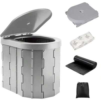 Inodoro Plegable Portátil de Emergencia en Gris - Plástico Impermeable con Bolsa de Basura para Viajes, Camping y Pesca