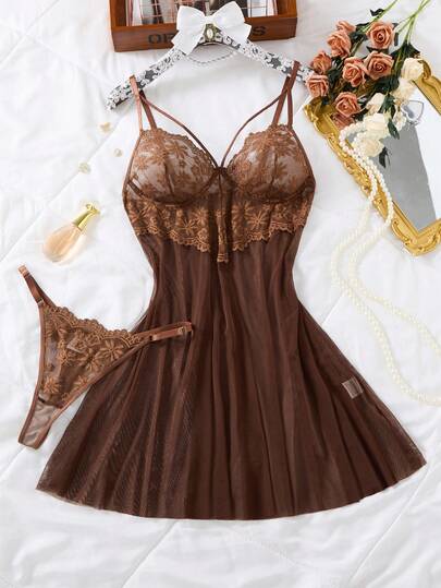 2pcs Women's Burgundy Soft & Comfortable Lace Floral Heart Sleepwear, Christmas & Halloween Gift, Lace Sexy Nightgown With Sheer Mesh Lingerie Set, Spaghetti Strap Nightdress, Suitable For Daily Wear
