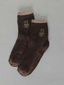 5pairs Women Simple Stylish Teddy Bear Pattern Crew Socks, Multi-Season Versatile, Fall