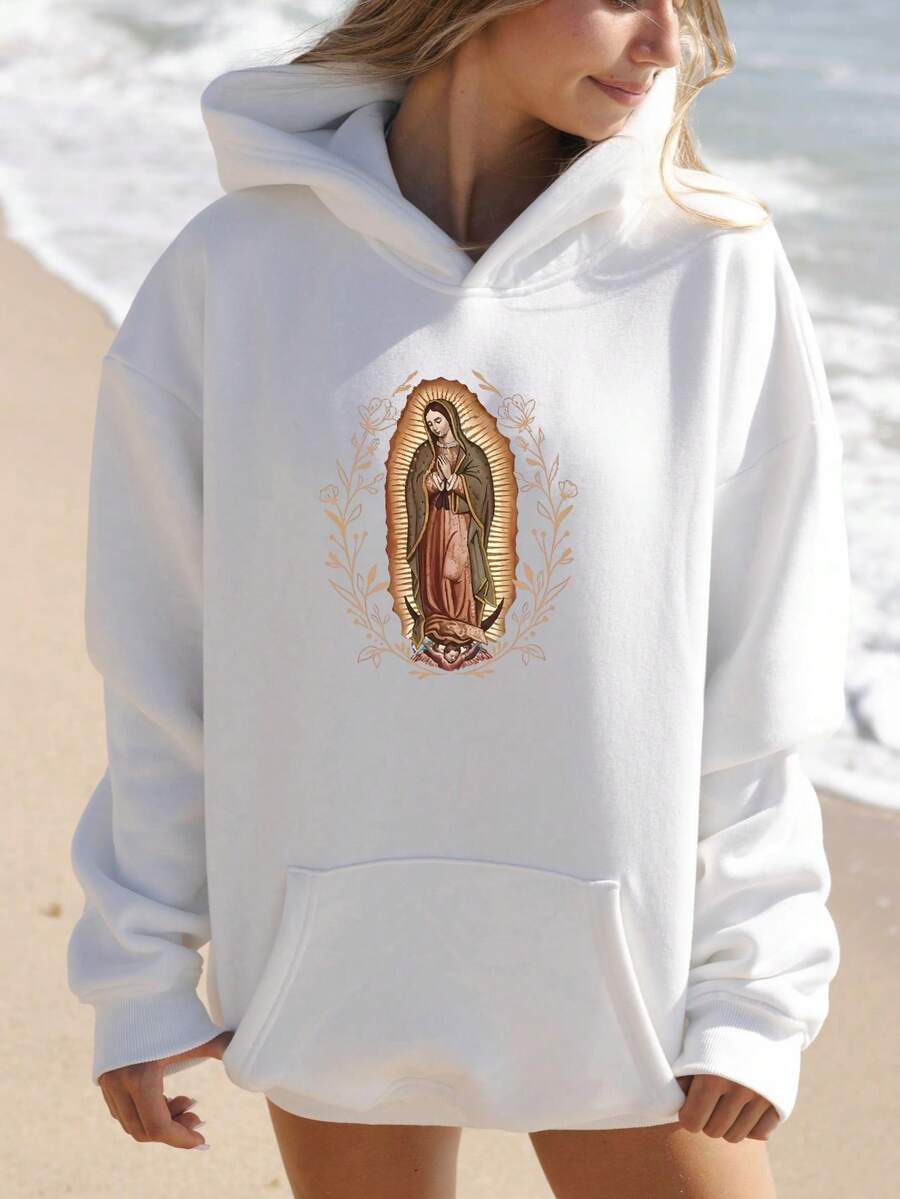 Our Lady Of Guadalupe Virgin Mary Hoodie, Mother Hoodie, Latina Hoodie Gift For Catholic Mom, Vintage 90s Y2K - Soft, Breathable Crew Neck, Lightweight & Comfortable Casual Summer Wear, Women's Tops, White - White - Hoodie - 查看 1