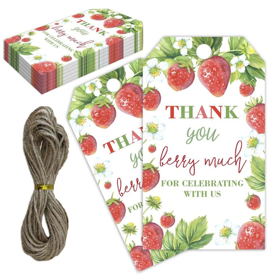 50 Stücke Erdbeere Geschenkanhänger mit Schnüren, Danke Etiketten für Hochzeit, Geburtstag, Bridal-Shower, Party Dekoration - Verschiedenfarbig - Übersicht 1