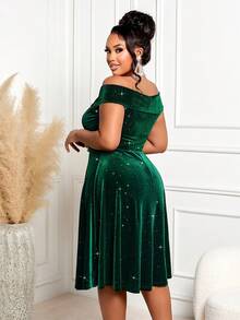 BIUBIU 大码女式露肩连衣裙，蝴蝶结连衣裙，高弹绿色丝绒亮片面料连衣裙，大码婚礼宾客礼服，适合休闲外出、返校季/秋季/冬季、万圣节、夏季派对等场合，优雅百搭。 - 墨綠色 - 查看 3