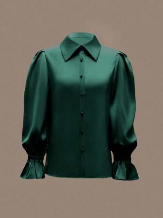Women's Elegant Casual Versatile Commuter Satin Blouse, Skin-Friendly Soft Silky Satin Fabric, Collared Neck And Puff Sleeve Design Top - 100% Polyester, Machine Washable And Dry Cleanable, Solid Color, Suitable For All Seasons, Office And Daily Wear, Solid Color Ruffle/Frill Front Button