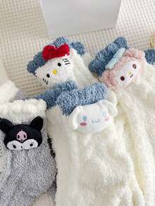 Sanrio 4 Pairs Women's Autumn/Winter Coral Fleece Cute Cartoon Hello Kitty, My Melody, Kuromi, Cinnamoroll Pattern Fashion Warm Comfortable Sleepwear Mid-Calf Socks