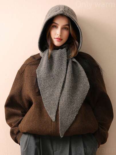 1pc Women Casual Solid Color Cable Knit Textured Warm Windproof Thermal Lined Cute Knitted Hooded Scarf Neck Warmer, Suitable For Dates, Daily Wear, Shopping, Traveling, Matching