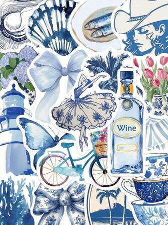 50pcs Blue Aesthetic Waterproof PVC Stickers, Cartoon Decoration For Scrapbook, Laptop, Luggage, Guitar, Water Bottle, Phone Case, DIY Crafts Scrapbook Supplies Stationery