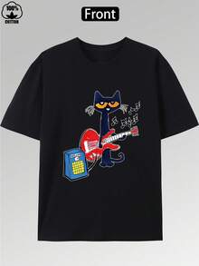 Camiseta de 220g, cuello redondo de manga corta de algodón puro, camiseta de hombre Boutique de moda e informal - estampde dibujos animados de alta calidad, suave y transpirable, perfecto para los amantes de la música y los aficionados a los gatitos - Negro - Ver 1