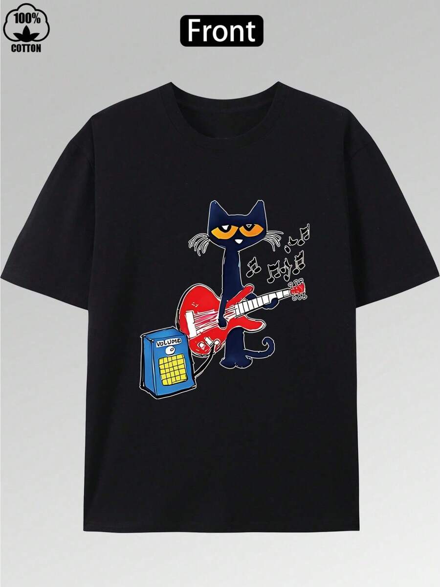 Camiseta de 220g, cuello redondo de manga corta de algodón puro, camiseta de hombre Boutique de moda e informal - estampde dibujos animados de alta calidad, suave y transpirable, perfecto para los amantes de la música y los aficionados a los gatitos - Negro - Ver 1