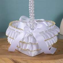 Photography Basket Props For Studio Photo Shoots With Pearl And Satin Ribbons For Weddings And Special Events - Blue and White - View 8