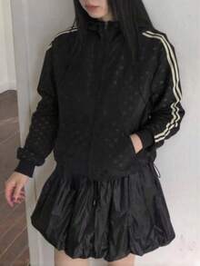 2025春夏女款波点印花休闲拉链连帽衫 黑色 - 黑色 - 查看 2