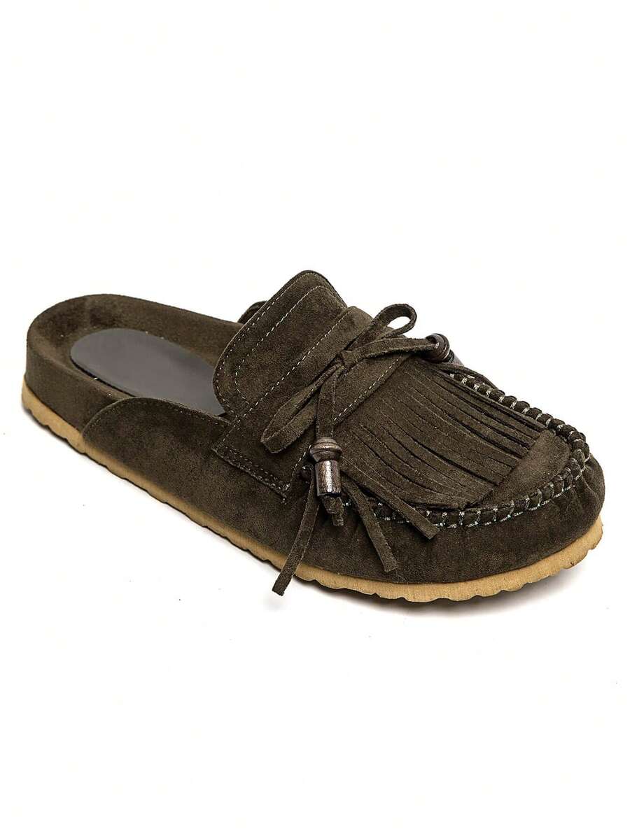Pantoletten Chaudes Fourrure Noire | Semelle Lüttich Komfortabel | Chausson Intérieur Luxe .Mules Mocassin Suédine Franges Femme | Chaussure Plate Confort Quotidien | Stil Bohème Chic - Grün 9716 - Übersicht 1