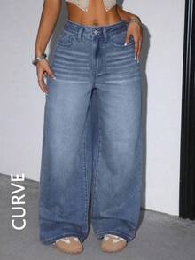 大码女式休闲宽松直筒牛仔裤，带口袋，春季款 - 中等水洗藍 - 查看 6