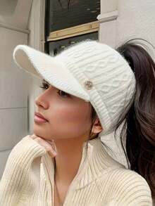 Gorro de punto de cola de caballo de unicolor para mujer, gorro de punto acrílico casual, versátil, de moda, de poliéster, de unicolor, para otoño/invierno - sombrero - Ver 13