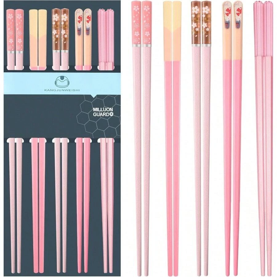Pink Chopsticks Reusable Dishwasher  9.57 Inches Premium Non-Slip Lightweight Fiber Chop Sticks Japanese Chinese Chopstick Gift Set For Party 5 Pairs - 莫蘭迪粉色 - 查看 1