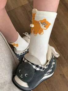 3 Pairs Cartoon Cat & Egg Pattern Crew Socks, Funny Christmas Gift Socks, Suitable For Spring, Autumn, All Seasons, Fashionable & Cute Animal Design - Multicolor - View 4