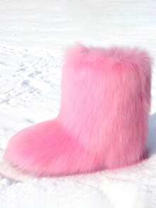 Y2K Unisex Faux Raccoon Fur Ankle Snow Boots, Solid Smooth Plush Fur, Warm Lined Slip-On Winter Booties, Perfect For Christmas & Halloween Cold Days - 粉色 - 查看 2