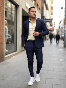 Men's Set Blazer Pants Slim Suit Formal Fashion - 藏蓝色 - 查看 1