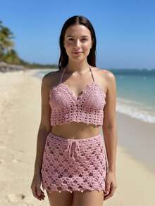 Conjunto Crochê Moda Praia Conchas Top Babadinhos Regulável + Saia Curta Verão - Rosa Bebê - Visão 4