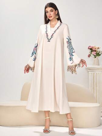 Women's Elegant Floral Print Fringe Long Sleeve V-Neck Dress, Minimalist For Everyday Wear