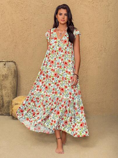 Rusttydustty Floral V-Neck Ruffle Sleeve Dress, Bohemian Style, Suitable For New Year, Valentine's Day, Party White Vacation Summer Elegant