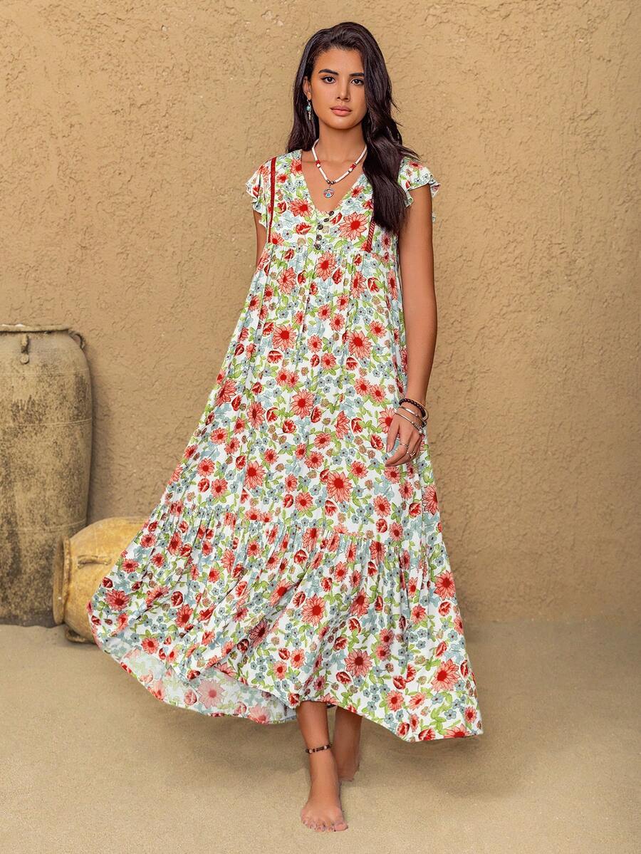 Rusttydustty 碎花V领荷叶袖连衣裙，波西米亚风格，适合新年、情人节、派对等场合，白色，度假夏季优雅之选。 - 白色 - 查看 1