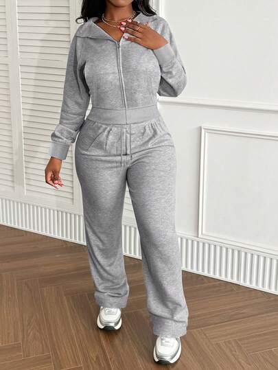 LovelyWholesale Conjunto de 2 piezas de ropa de otoño para mujer, con top de manga larga con cuello de solapa y bolsillo con cremallera, y pantalones rectos con cordón