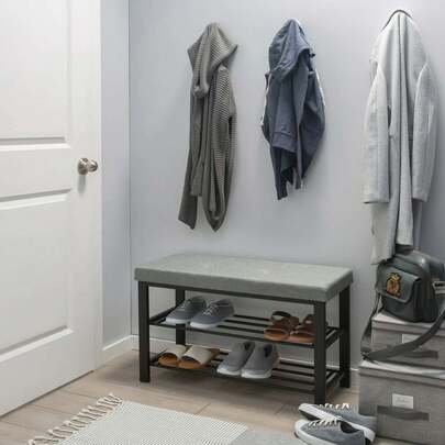Gray Entryway Metal Upholstered Bench With Double Tier 8 Pairs Of Shoes Storage