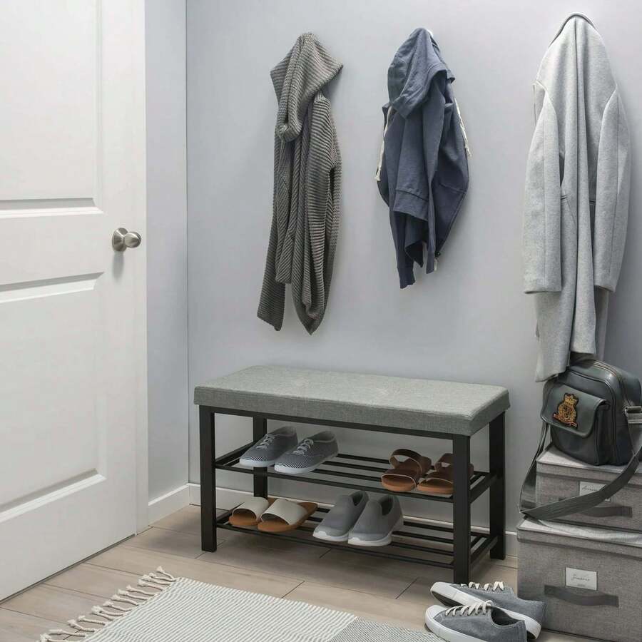 Gray Entryway Metal Upholstered Bench With Double Tier 8 Pairs Of Shoes Storage