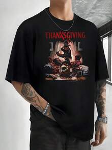 Thanksgiving Graphic Digital Printed T Shirt 220g Street Style Men's Casual 100% Cotton Tee 1pcs Holiday Themed Top - 黑色 - 查看 1