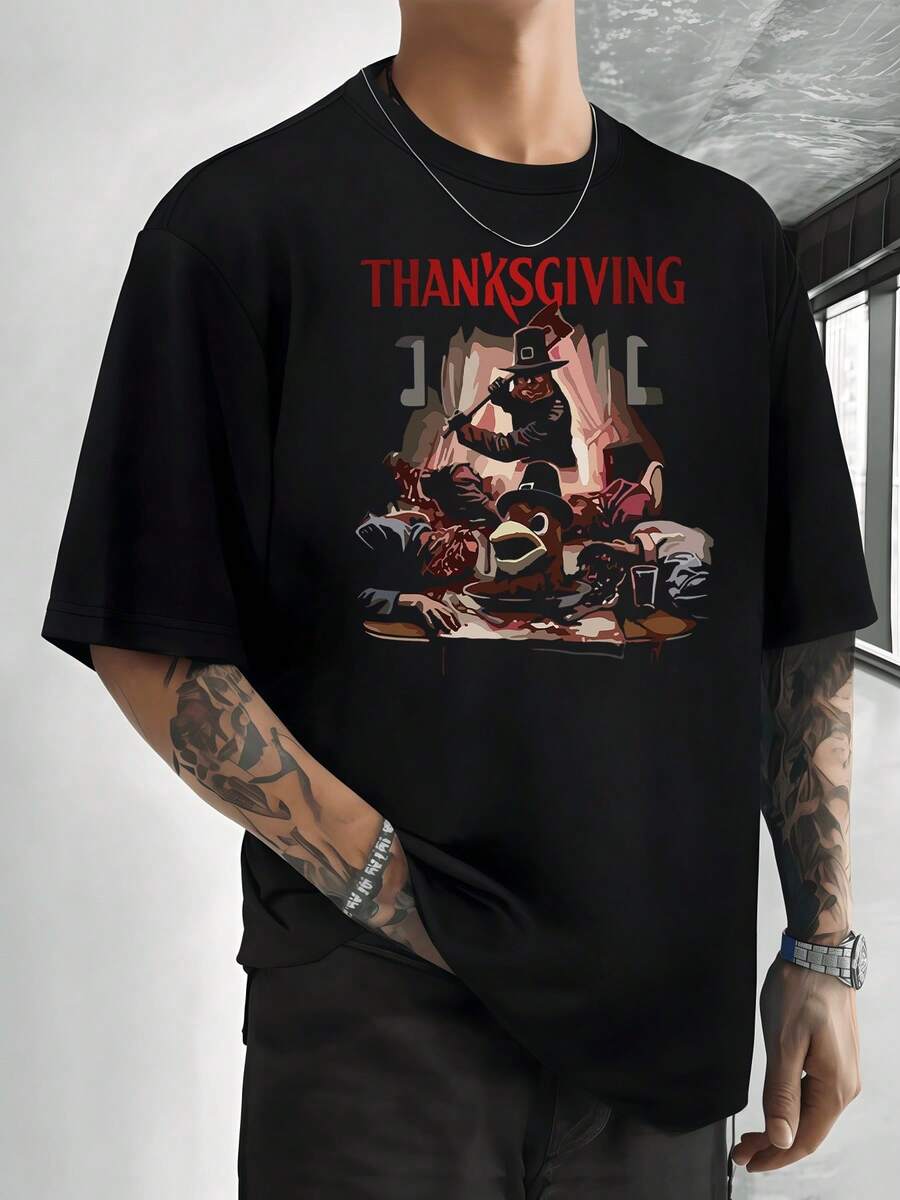 Thanksgiving Graphic Digital Printed T Shirt 220g Street Style Men's Casual 100% Cotton Tee 1pcs Holiday Themed Top - 黑色 - 查看 1