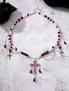 1 Pc Women Gothic Style Cross Pendant Necklace , Bloody Styles Beaded Necklaces , Y2K Punk Style Vampire Jewelry