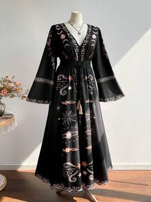Rusttydustty Vestido largo de estilo bohemio para mujer talla grande, para fiesta del té y uso diario/vacacional, con estampado de luna y estrellas, cintura con cordón, manga larga, vestido largo elegante de primavera - Negro - Ver 4