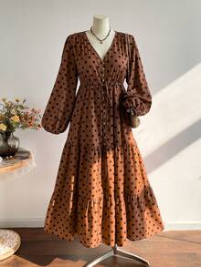 Rusttydustty Plus Size Women's Brown Polka Dot Long Sleeve Waist Cinched Dress, Suitable For Vacation & Everyday Wear, Autumn/Winter - Brown - View 2