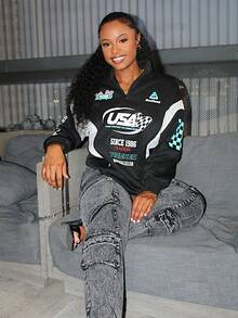 Steph T Women's Fall /Winter Streetwear Going Out Sportswear Athleisure Back To School Casual Color-Blocked Letter Print Long Sleeve Black Sweatshirt - Black - View 1