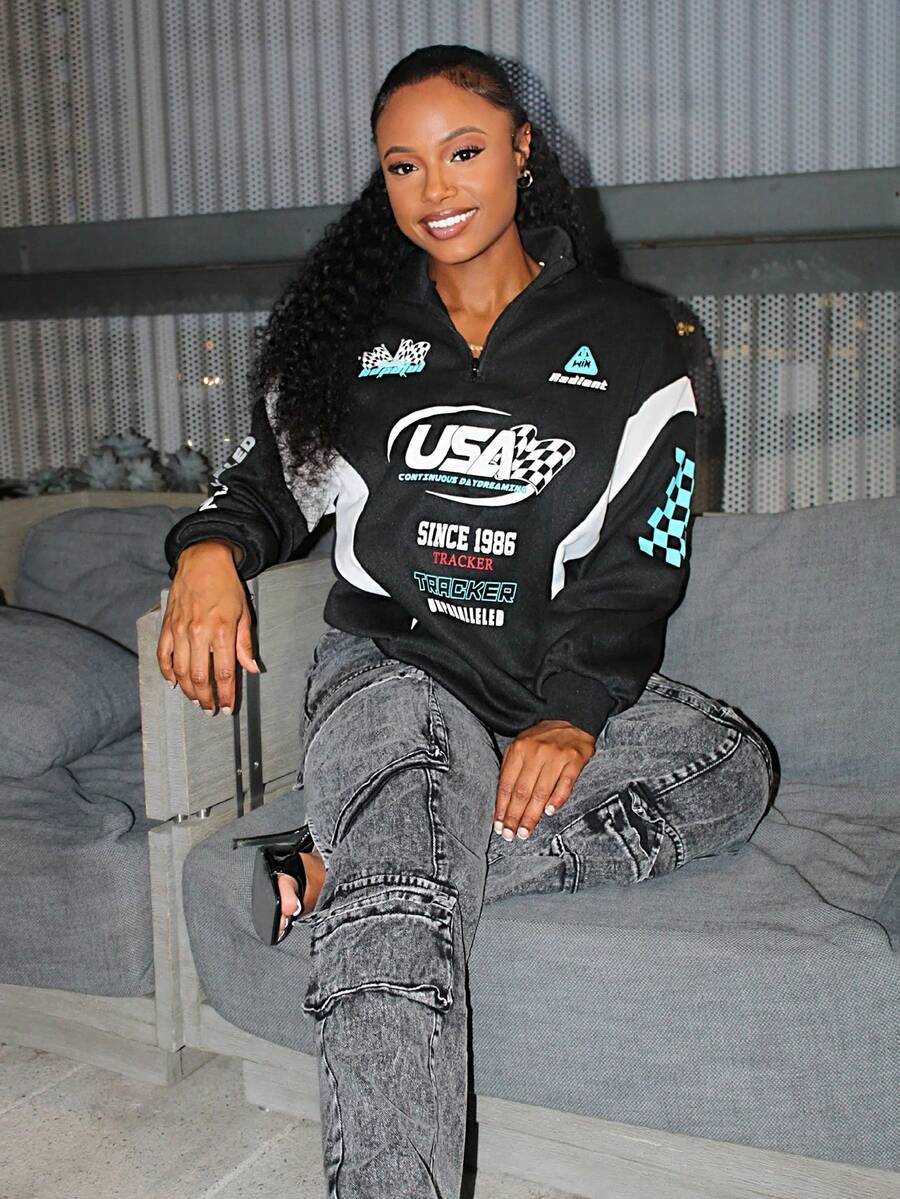 Steph T Women's Fall /Winter Streetwear Going Out Sportswear Athleisure Back To School Casual Color-Blocked Letter Print Long Sleeve Black Sweatshirt - Black - View 1