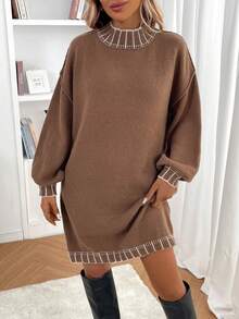 大码女式宽松休闲圆领针织毛衣裙 - 棕色 - 查看 3